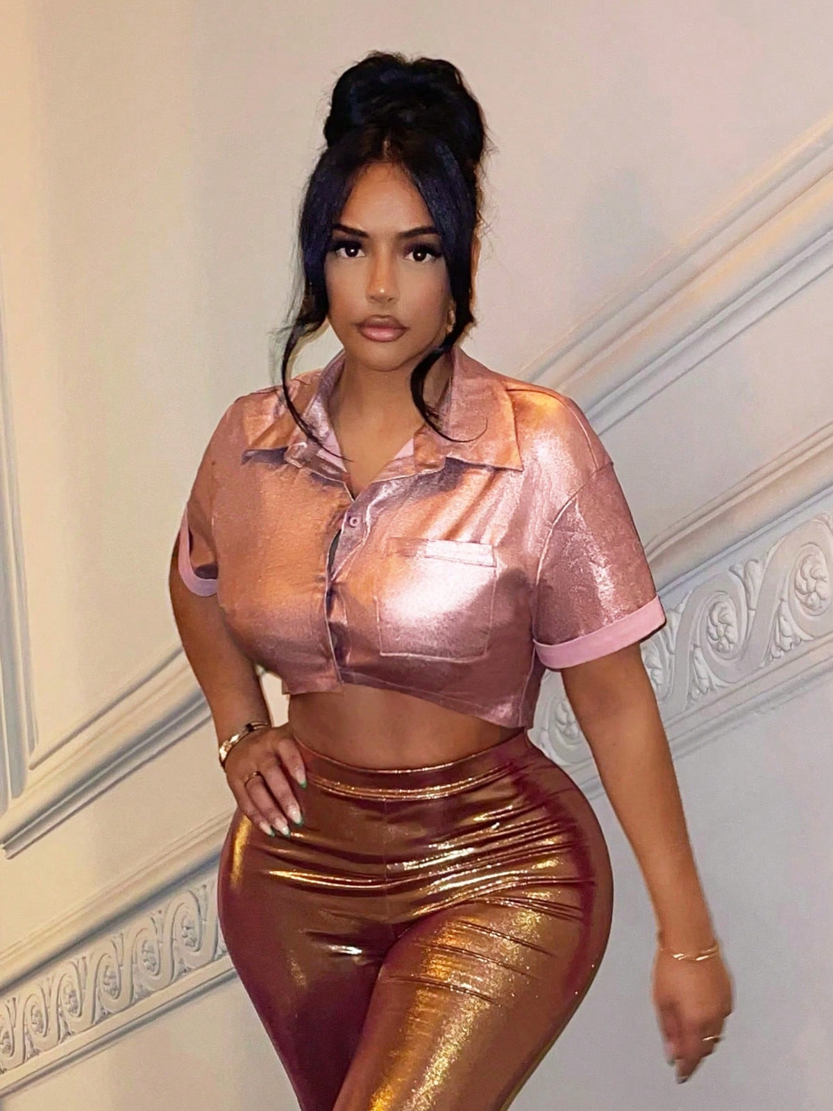 Button Front Crop Metallic Blouse