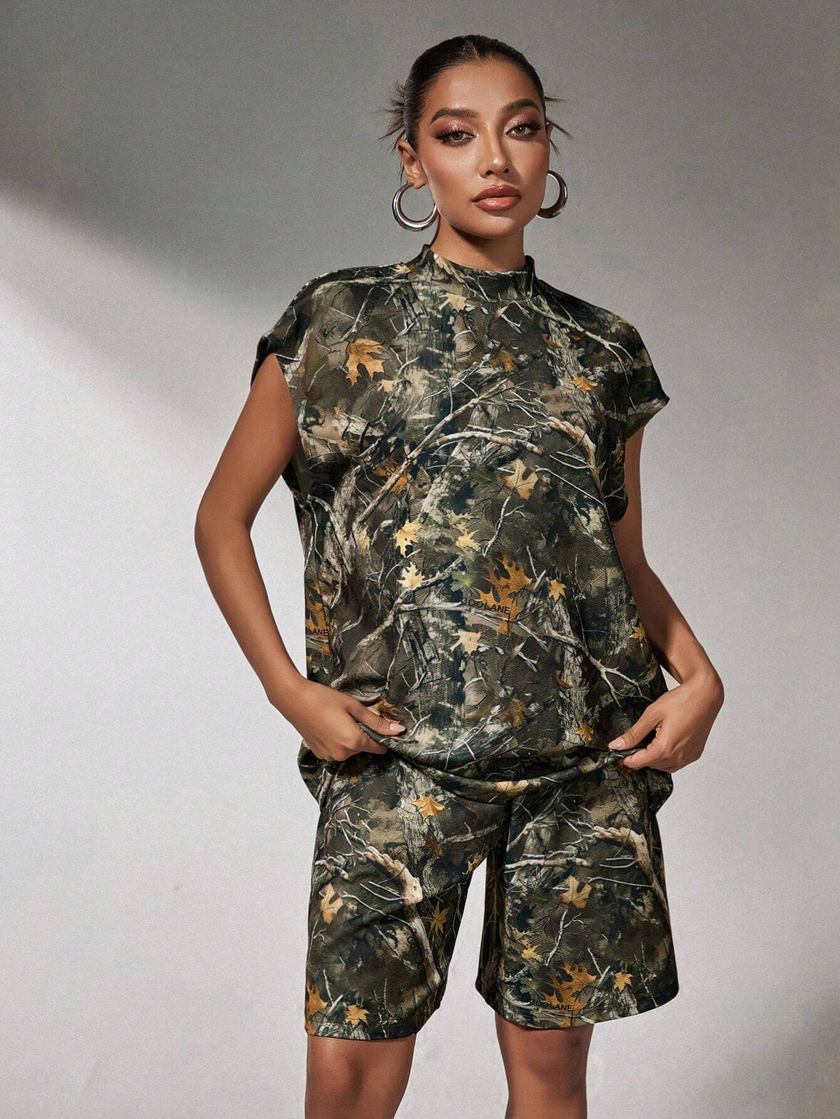 Camouflage Branch Printed Ladies Two-Piece Casual Suit