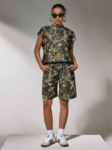 Camouflage Branch Printed Ladies Two-Piece Casual Suit
