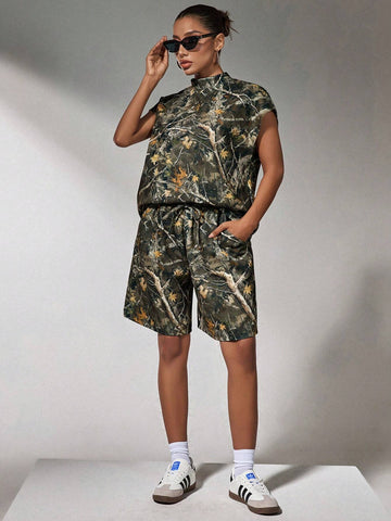 Camouflage Branch Printed Ladies Two-Piece Casual Suit
