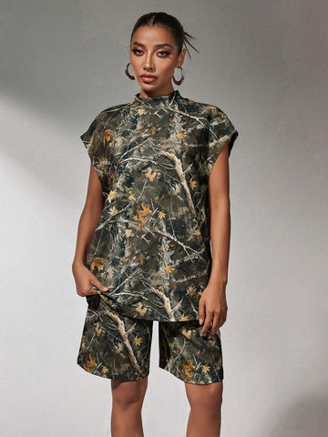 Camouflage Branch Printed Ladies Two-Piece Casual Suit