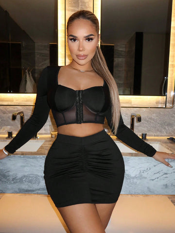 Cardigan & Pleated Midi Skirt Set With Button Front