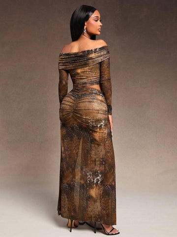 Brown Tie-Dye Snake Print Stretch Mesh Fabric Retraction One Line Collar Long Sleeve Top And Low Waist High Slit Skirt Two-Piece Set