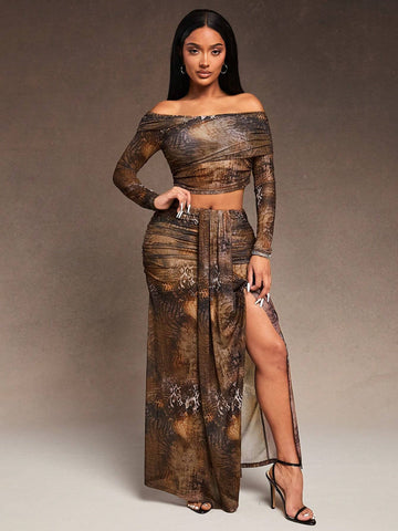 Brown Tie-Dye Snake Print Stretch Mesh Fabric Retraction One Line Collar Long Sleeve Top And Low Waist High Slit Skirt Two-Piece Set