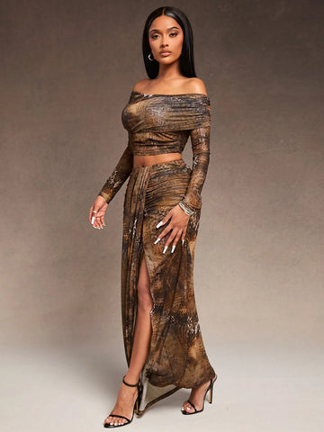 Brown Tie-Dye Snake Print Stretch Mesh Fabric Retraction One Line Collar Long Sleeve Top And Low Waist High Slit Skirt Two-Piece Set