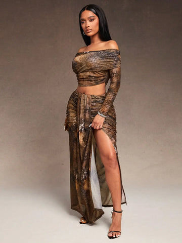 Brown Tie-Dye Snake Print Stretch Mesh Fabric Retraction One Line Collar Long Sleeve Top And Low Waist High Slit Skirt Two-Piece Set