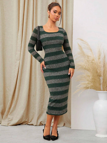 Casual Plush Striped Mid-Length Dress For Women, Autumn & Winter