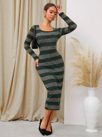 Casual Plush Striped Mid-Length Dress For Women, Autumn & Winter