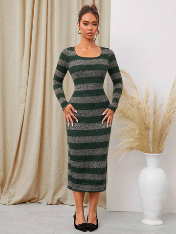 Casual Plush Striped Mid-Length Dress For Women, Autumn & Winter