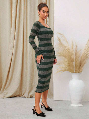 Casual Plush Striped Mid-Length Dress For Women, Autumn & Winter