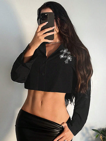 SXY Casual Sexy Sequin Embellished Cropped Loose Blouse For Women, Spring/Fall