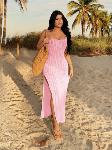 Casual Spring Break Summer Green Festival Crochet Open Slit Backless Tie Women Sexy Dress For Holiday