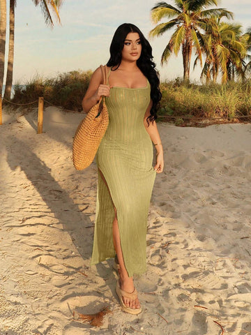 Casual & Holiday Green Crochet Slit Open Back Strap Sexy Women's Dress For Spring Break/Summer