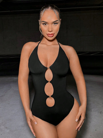 Chain Detail Hollow Out Halter Neck Backless Sexy Bodysuit