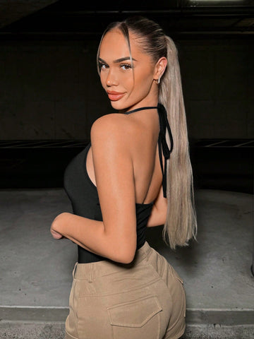 Chain Detail Hollow Out Halter Neck Backless Sexy Bodysuit