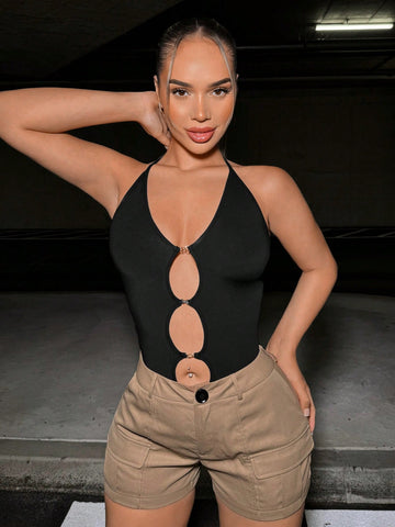 Chain Detail Hollow Out Halter Neck Backless Sexy Bodysuit