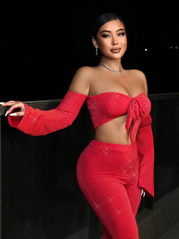 Christmas New Years Outfits Women'S Red Fashionable 2-Piece Outfit