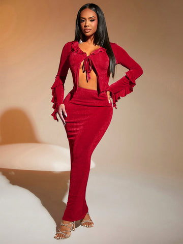 Christmas Women'S Ruffle Trim Spaghetti Strap Top And Mermaid Hem Midi Skirt Set