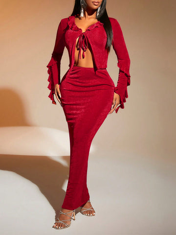 Christmas Women'S Ruffle Trim Spaghetti Strap Top And Mermaid Hem Midi Skirt Set