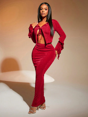 Christmas Women'S Ruffle Trim Spaghetti Strap Top And Mermaid Hem Midi Skirt Set