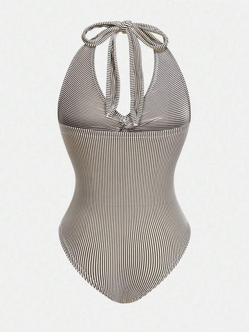 Color Block Striped Halter V-Neck Summer Women's Bodysuit