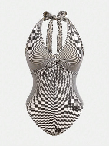 Color Block Striped Halter V-Neck Summer Women's Bodysuit