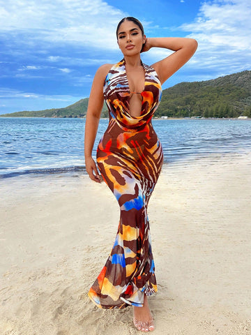 Color Blocked Tiger Print Halter Neck Maxi Dress With Asymmetric Hemline And Back Neck Tie