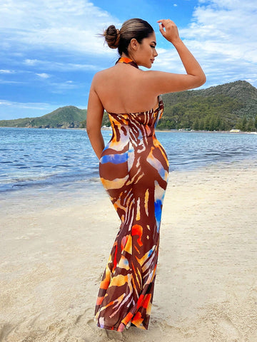 Color Blocked Tiger Print Halter Neck Maxi Dress With Asymmetric Hemline And Back Neck Tie