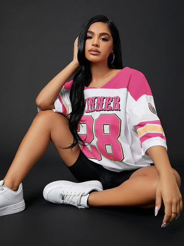 Colorblock & Letter Graphic Drop Shoulder Longline Tee