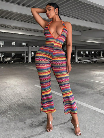 Colorful Strap Backless Women's Summer Jumpsuit With Flared Trousers For Holiday