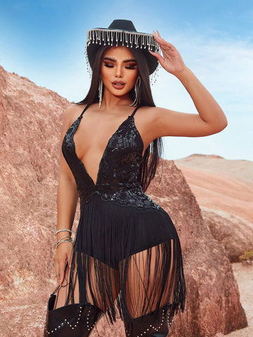 Concert Music Festival Outfits Concert Music Festival Outfits Summer V-Neck Sequin Fringe Hem Jumpsuit