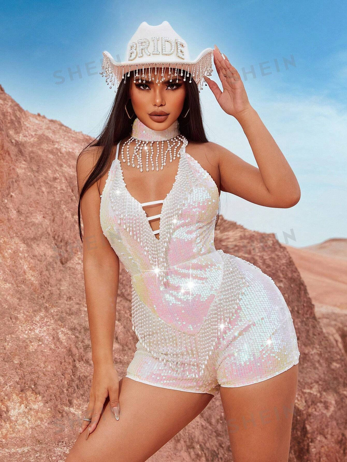 Concert Music Festival Outfits Pearl Beaded Tassel Tight Jumpsuit Shorts And Collar Necklace