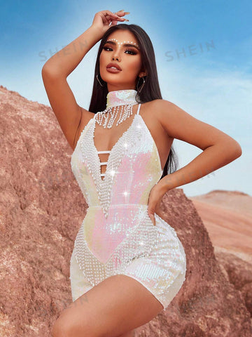 Concert Music Festival Outfits Pearl Beaded Tassel Tight Jumpsuit Shorts And Collar Necklace