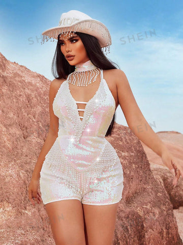 Concert Music Festival Outfits Pearl Beaded Tassel Tight Jumpsuit Shorts And Collar Necklace
