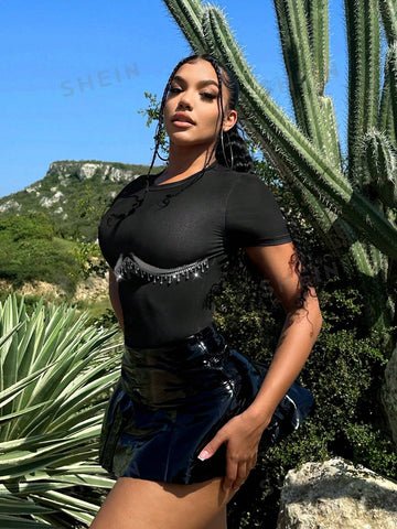 Concert Music Festival Outfits Rhinestones Fringe Sexy Bodysuit, Suitable For Music Festival