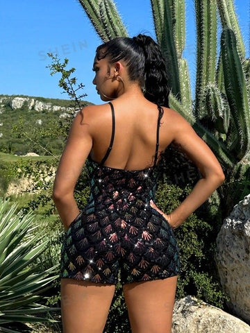 Concert Music Festival Outfits Sexy Deep V-Neck Sparkly Backless Jumpsuit Shorts