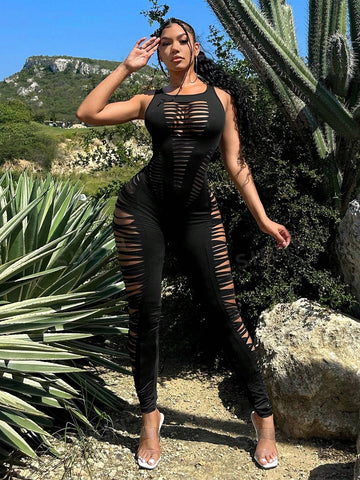 Concert Music Festival Outfits Sexy Monochrome Hollow Out Bodysuit