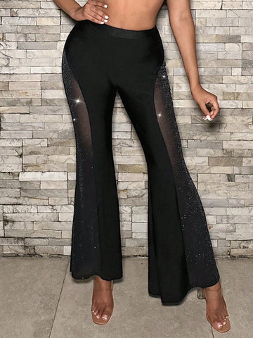 SXY Contrast Mesh Flare Leg Pants