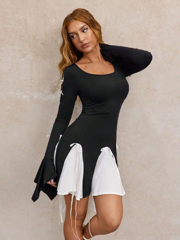 Contrasting Color Bow Detail Mini Black Dress