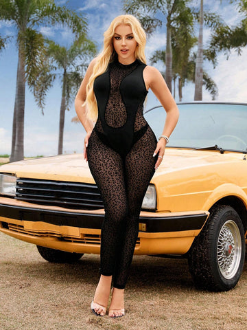 Country Festival Outfits Music Festival Outfits Country Concert Outfits Spring Break Summer Stretchy Street Wear Women Music Festival Countryside Festival Sexy And Fitted Leopard/Animal Printed Mesh Joint Perspective Women's Jumpsuit