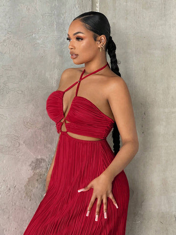 Crisscross Tie Backless Halter Swing Dress