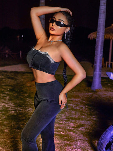 Crop Top And Flare Pants Set With Patchwork And Woven Strap Design