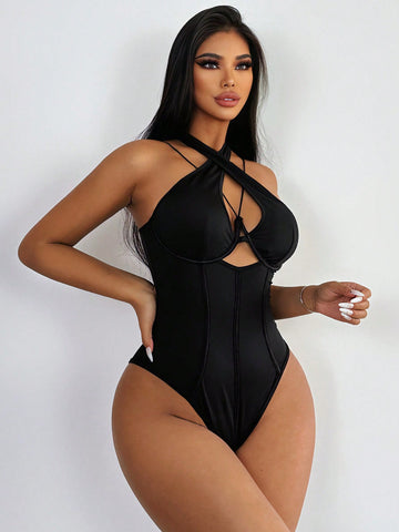 Cross Halter Cutout Bodysuit