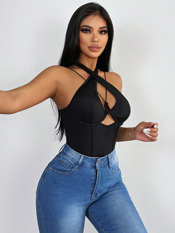 Cross Halter Cutout Bodysuit