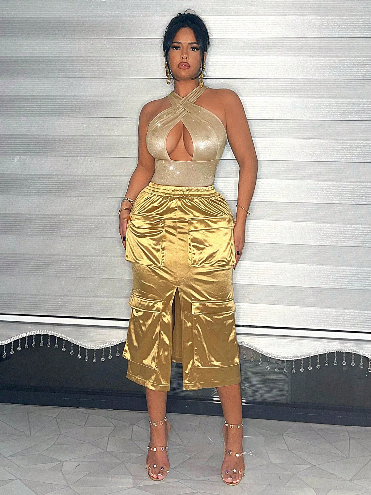 Cross Halterneck Hollow Out Gold & Silver Wire Detail Apricot Bodysuit