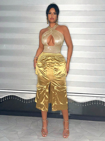 Cross Halterneck Hollow Out Gold & Silver Wire Detail Apricot Bodysuit