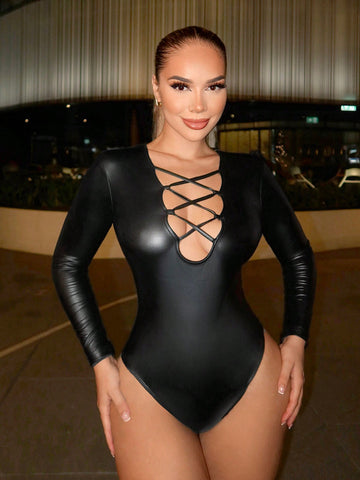 Cross Strap Pu Sexy Black Bodysuit