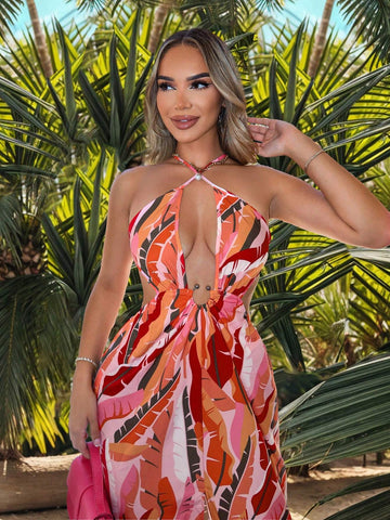 Crossed Strap Backless High Slit Sexy Pink Dress With Cutout And Leaf Print