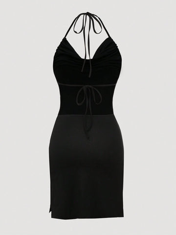 Deep Draped Neck, Side Split, Draped Neck, Backless Party Dress