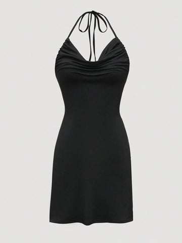 Deep Draped Neck, Side Split, Draped Neck, Backless Party Dress